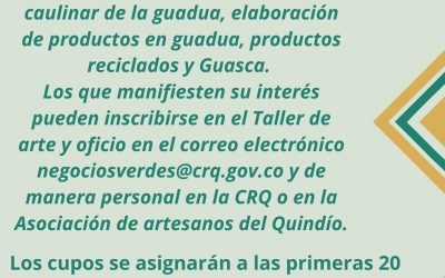 La Asociación de Artesanos del Quindío AAQ y el Proyecto de Negocios Verdes-CRQ, realizaran los  Talleres de arte y oficio